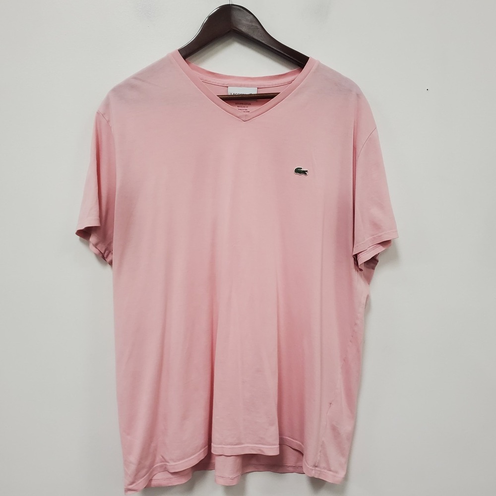 Lacoste Mens Pima Cotton Regular Fit T Shirt Size XXL 7 Pink Short Sleeve V Neck